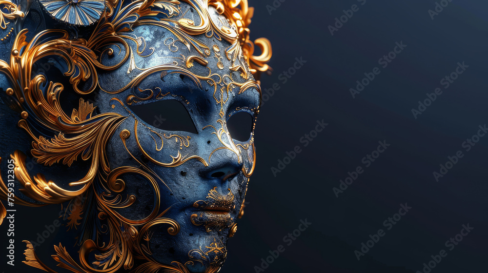 Illustration of an ornate mask with bold blue and gold colors baroque style detailing - obrazy, fototapety, plakaty 
