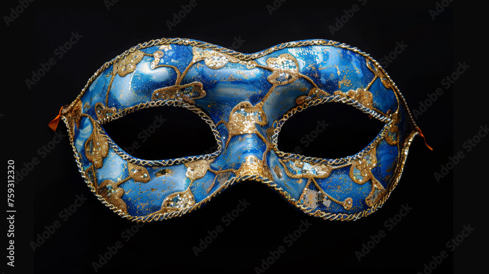 Luxurious masquerade mask with rich blue and golden hues sparkling under soft ambient light