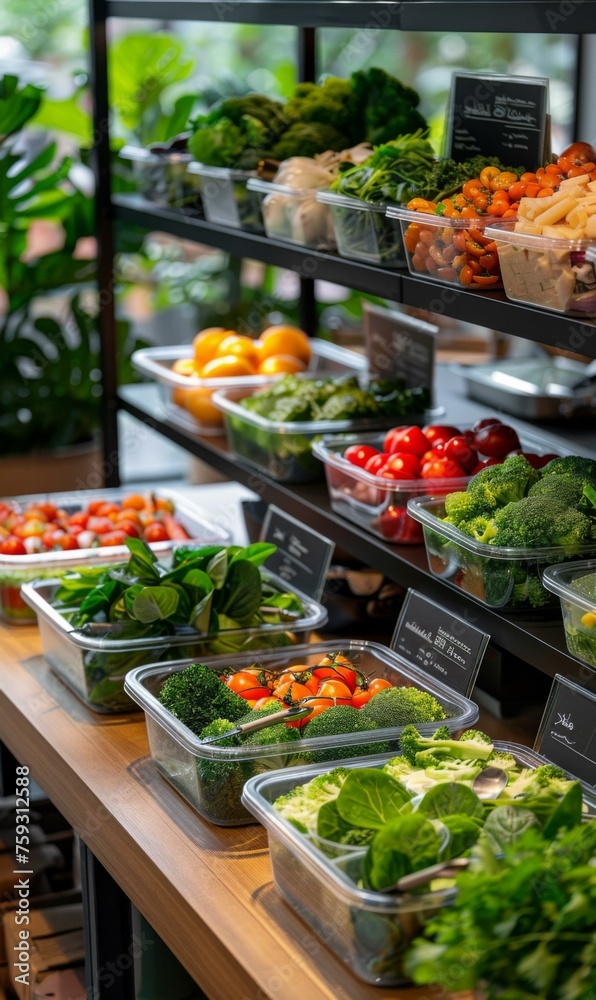 A display of a display of fresh vegetables on a shelf. Generative AI. A display of a display of fresh vegetables on a shelf. Generative AI.