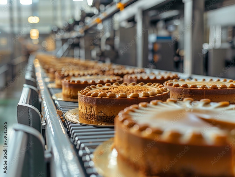 A conveyor belt with cakes on it in a factory. Generative AI. A conveyor belt with cakes on it in a factory. Generative AI.