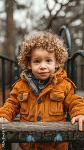 A young boy with curly hair standing on a wooden bench. Generative AI.