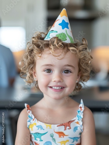 A little girl wearing a dinosaur birthday hat smiling at the camera. Generative AI.