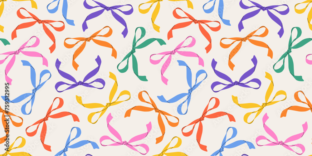 Various colorful contemporary bows. Hand-drawn, groovy vector illustrations. Simple and childlike with a bow pattern. A playful and whimsical design for trendy hair accessories. 