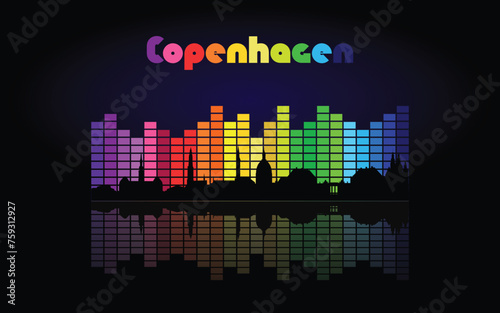 Photography Black panorama of city of Copenhagen on multi colored music equalizer with  refl