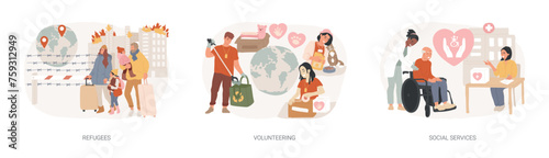 Help people isolated concept vector illustration set. Refugees, volunteering and social services, asylum seeker, immigration, welfare and child support, community organization vector concept.