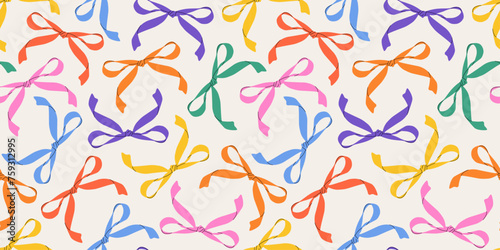 Various colorful contemporary bows. Hand-drawn  groovy vector illustrations. Simple and childlike with a bow pattern. A playful and whimsical design for trendy hair accessories. 