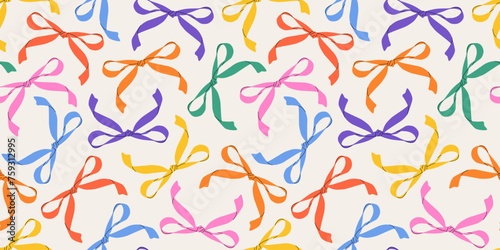 Various colorful contemporary bows. Hand-drawn, groovy vector illustrations. Simple and childlike with a bow pattern. A playful and whimsical design for trendy hair accessories. 