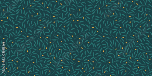 Vector seamless vintage floral print with rose hips in green. Spring botanical pattern. Abstract branches with leaves and berries. Scandy pattern for textiles and fashion design. Wildlife.