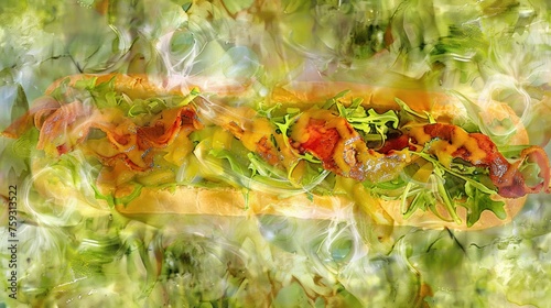 a digital painting of a sub sandwich with lettuce, tomatoes, and other toppings on a bun. photo