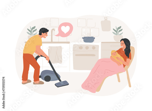 Father supports mother isolated concept vector illustration. Dad helping with housework, maternal support, breastfeeding, holding hands, fathers day, tired mom, parents hug vector concept.