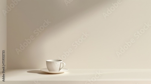 a white coffee cup sitting on top of a saucer next to a shadow of a clock on a wall.