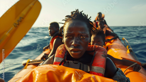 Focused Journey: Group in Life Jackets on a Liferaft at Sea