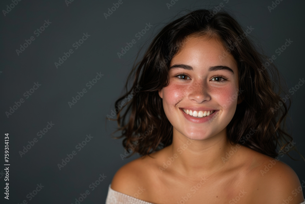 A woman with freckles on her face smiles for the camera A woman with freckles on her face smiles for the camera