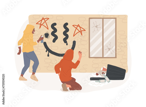 Vandalism isolated concept vector illustration. Destruction and damage, public or private property, political vandalism, violence and looting, building walls graffiti vector concept.