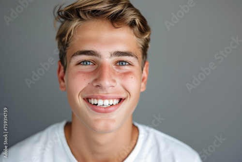 A young man in a white shirt smiles for the camera