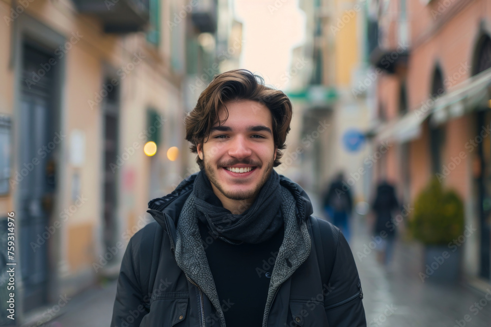 A young man wearing a black jacket and scarf smiles for the camera A young man wearing a black jacket and scarf smiles for the camera