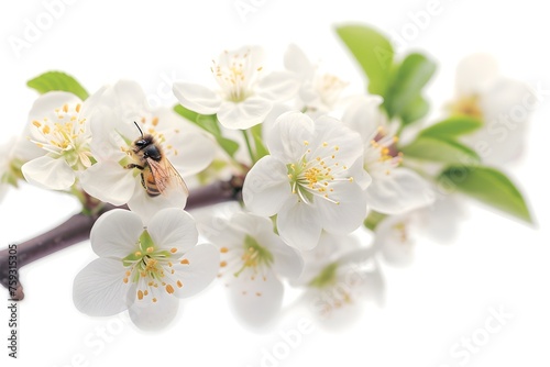  Close-up of an apple tree branch in flowers, a bee sits on a flower, diligently busy with its work collecting pollen, pollination of an apple tree flower, nature in spring. Generative AI.