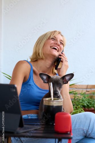 Laugh during phone call photo