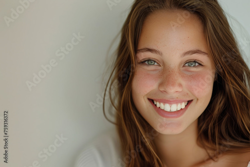 A woman with green eyes and freckles smiles for the camera