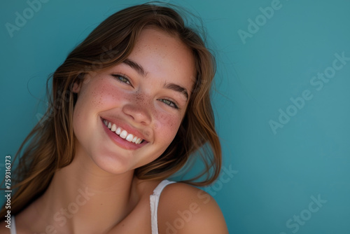 A woman with freckles on her face smiles for the camera