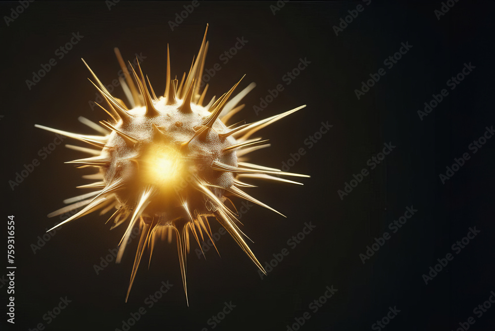 Fototapeta premium Abstract glowing spiky ball with intense light emanating from its core, set against a dark background for a dramatic effect