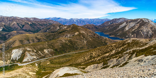 View of Lake Lyndon from track to Foggy Peak in Korowai /Torlesse Tussocklands Park, near Sheffield, Canterbury, new zealand south island, Mountains close to Christchurch photo