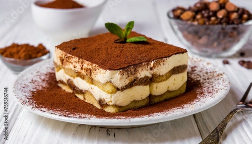 Tiramisu (Tiramisù). Italian dessert. Mascarpone cream. Coffee. Ladyfingers. Cocoa. White table. 