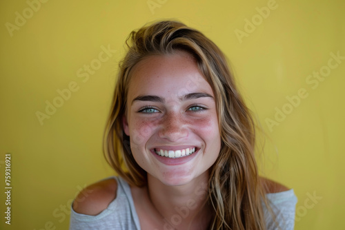 A woman with freckles is smiling in front of a yellow background