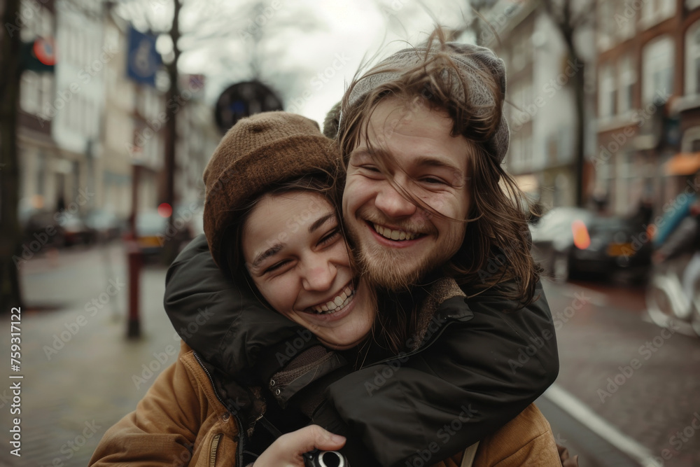 A man is carrying a woman on his back and both are smiling A man is carrying a woman on his back and both are smiling