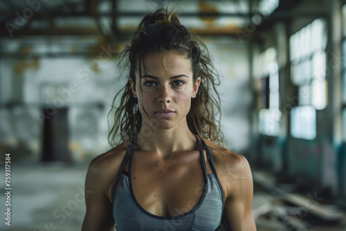 A woman with a ponytail is looking at the camera