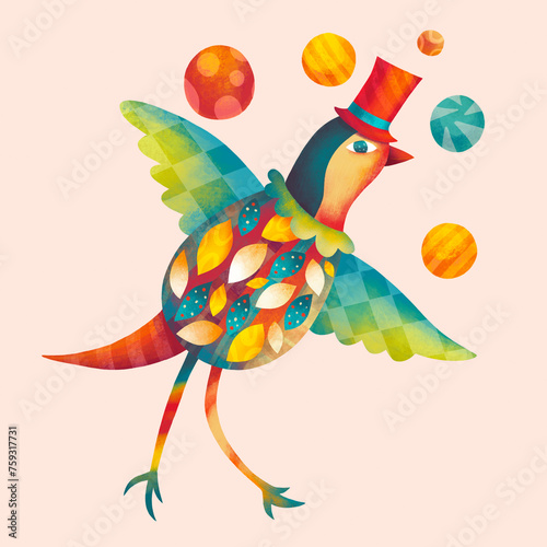 Fairy circus bird character juggling colored balls photo