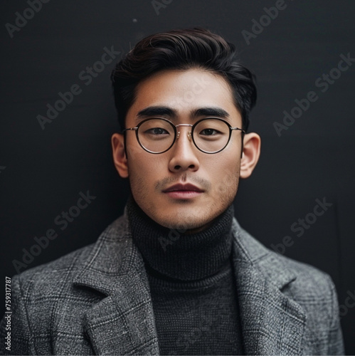 an asian man with glasses and grey coat 175cm and 55kg at office