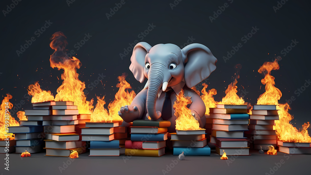 Republican elephant with books on fire education ban political humor Created With Generative Ai - obrazy, fototapety, plakaty 