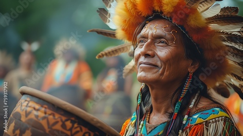 Proud Indigenous Man in Traditional Headdress at Cultural Festival photo