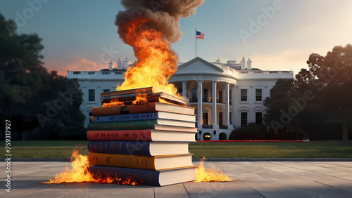 White House with books on fire education ban concept Created With Generative Ai photo