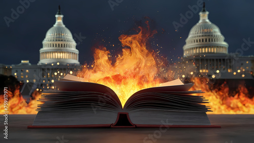 Burning book literature ban law in with Capitol building in background Created With Generative Ai photo