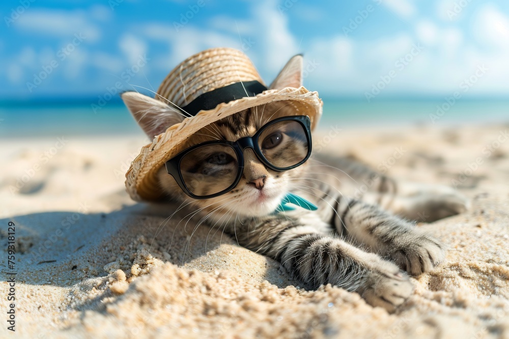 Cute kitten in sunglasses and hat lies on the beach on a sunny day. This depicts a summer vacation concept