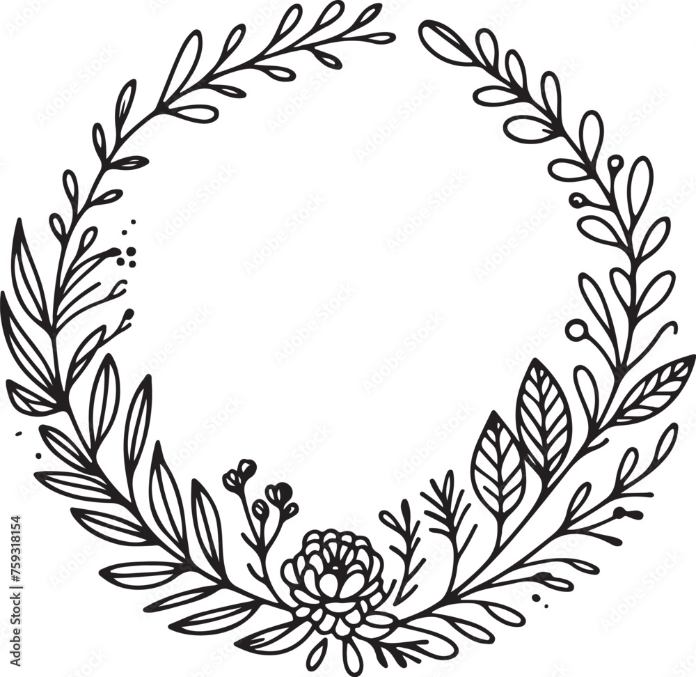 simple minimal hand-drawn sketch line art Floral frame. Floral wreath with leaves. Decorative elements for design. Vector Illustration. simple minimal hand-drawn sketch line art Floral frame. Floral wreath with leaves. Decorative elements for design. Vector Illustration.
