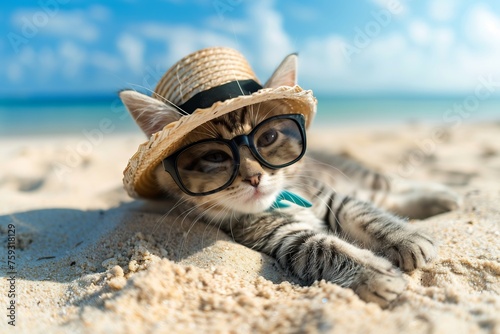 Cute kitten in sunglasses and hat lies on the beach on a sunny day. This depicts a summer vacation concept © artfisss