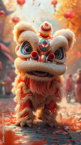 Chinese lion dance, colorful, set against a backdrop of vibrant red and gold, exuding a festive 