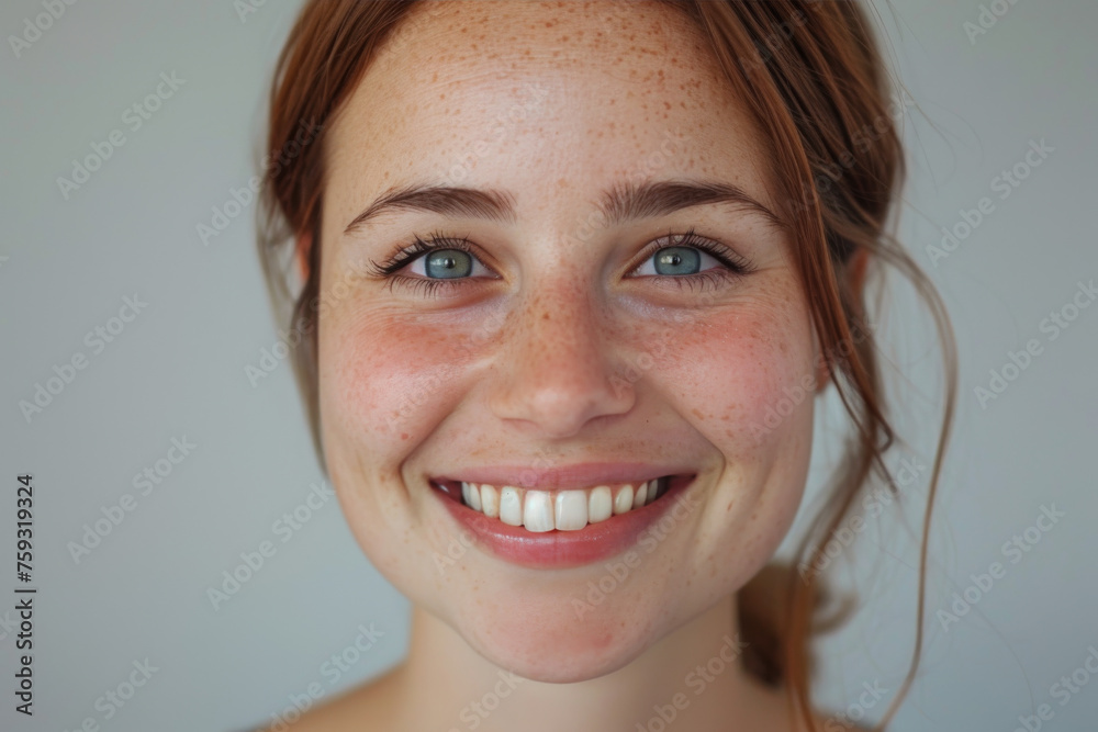 A woman with freckles on her face smiles for the camera A woman with freckles on her face smiles for the camera