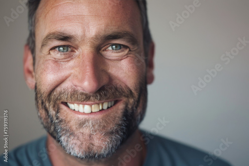 A man with a beard and green eyes smiles for the camera