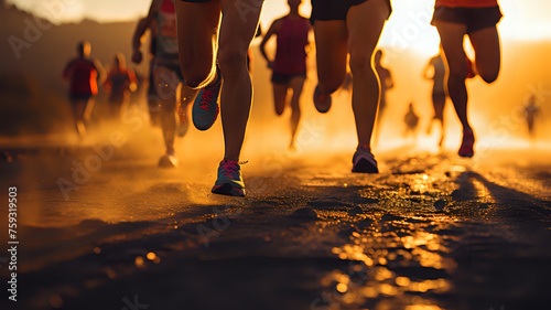 Sunset Marathon Runners.Dynamic image of marathon runners' legs at sunset, ideal for themes of endurance, sports events, and active lifestyles.