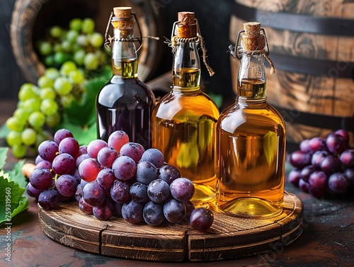 The image features three wine bottles of different sizes, filled with white, red, and yellow wine. They are displayed on a wooden barrel with fresh grapes and a wine barrel in the background.