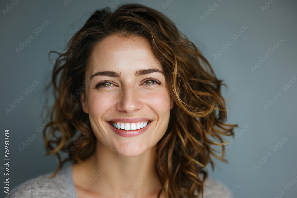 A woman with curly hair is smiling for the camera A woman with curly hair is smiling for the camera