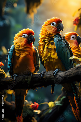 Sunlit Avian Companions.A trio of sun-kissed parrots perch together, vibrant plumage a brilliant tapestry of orange, yellow, and teal. Their curious gazes and poised stance speak of a life amidst lu