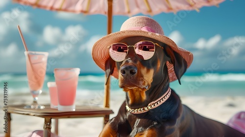 Dog on the beach, summer vacation, cool doberman with sunglasses, ocean resort hotel background. Creative funny pet animal holiday maker character in fashion costume. Happy travel hand-drawn cartoon.