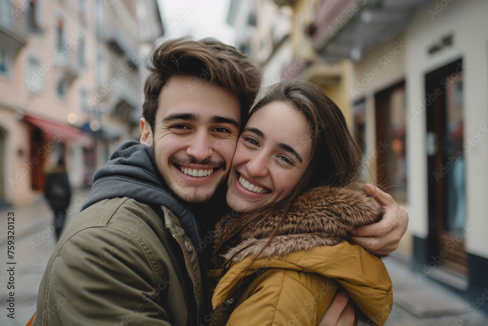 A man and a woman are hugging and smiling for the camera