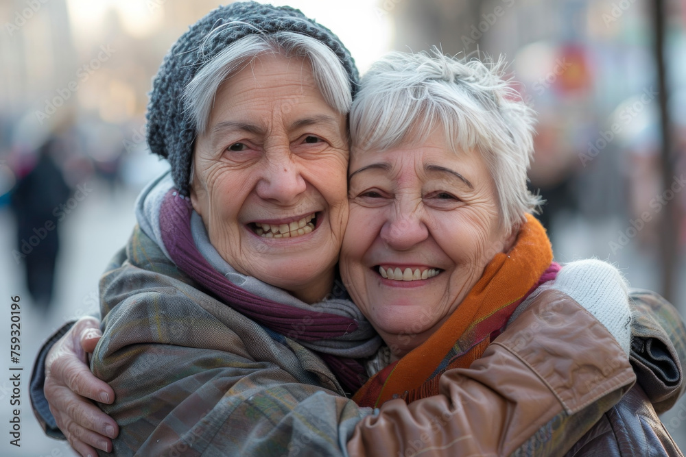 Two older women hugging each other and smiling for the camera Two older women hugging each other and smiling for the camera