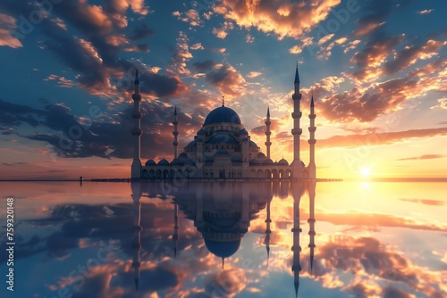 blue sky with beautiful clouds, reflection of the mosque in water puddle at sunset, kuala lumpur mosque in the background